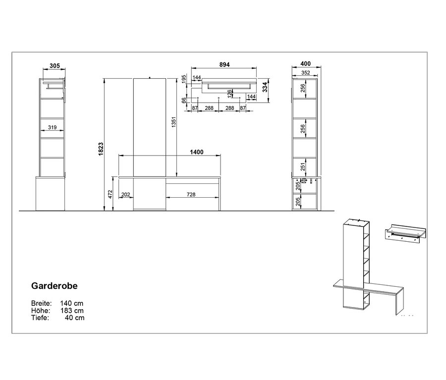 Schwarz-weiße Architekturzeichnung einer Garderobe mit Maßangaben.