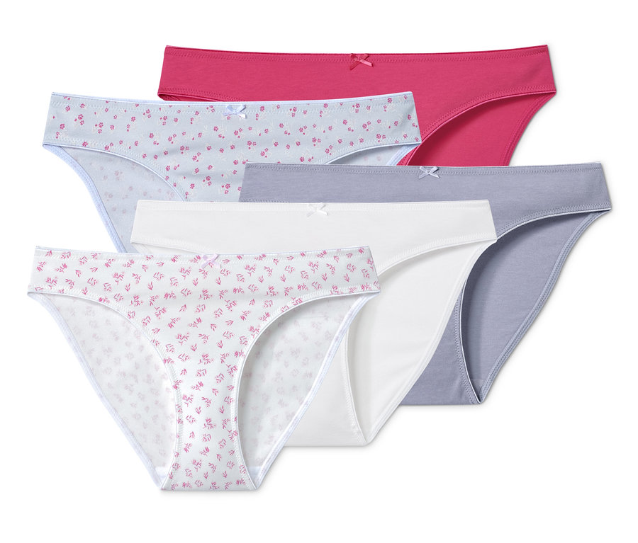 Fünf Slips in verschiedenen Farben und Mustern.
