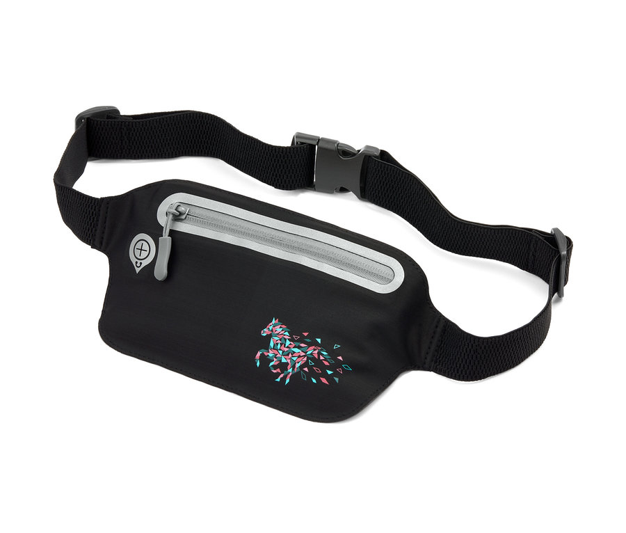 Schwarze Bauchtasche mit buntem Pferdeaufdruck.