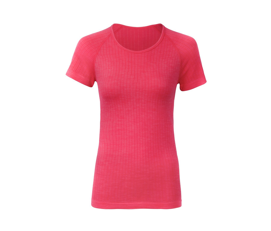 Ein rotes Seamless-Funktionsshirt mit kurzen Ärmeln und melierter Optik.