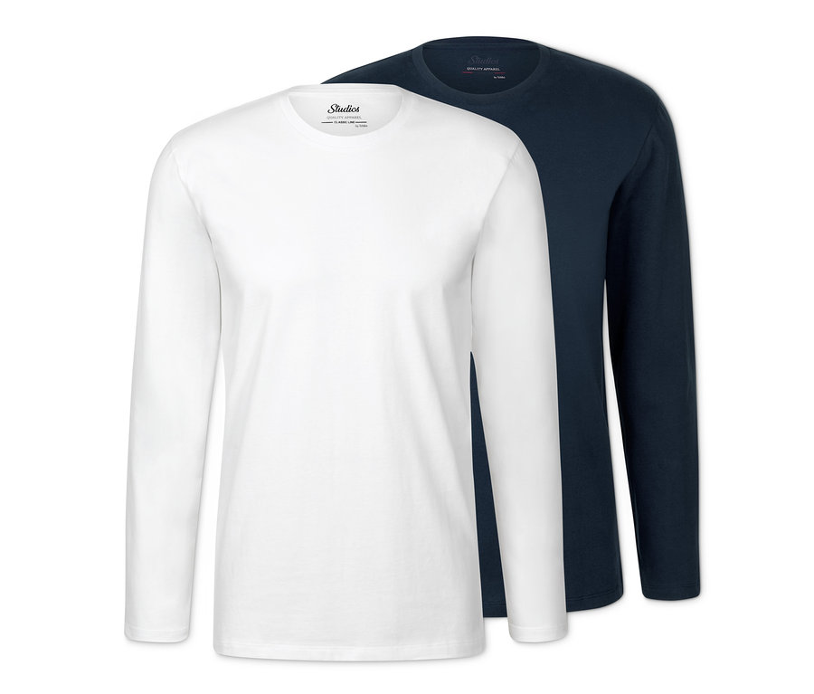 Zwei Langarmshirts, eins in Weiß und eins in Dunkelblau.