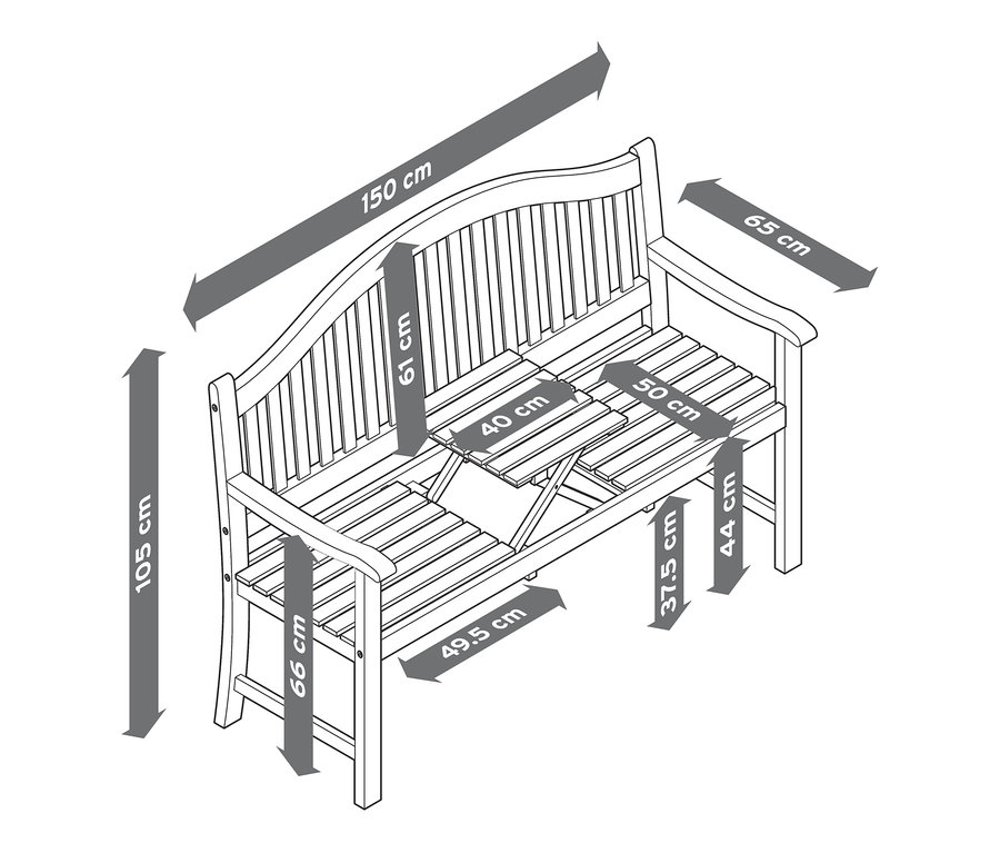 Die Maße der Gartenbank, Vintage Grey sind mit Pfeilen dargestellt.