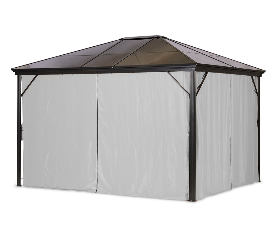 Ein hellgrauer Profi-Pavillon, 300 x 365 cm.