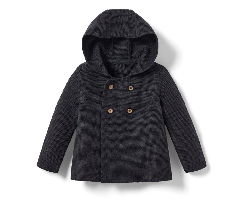 Dunkelgrau melierte Baby-Strickjacke mit Kapuze und Knöpfen.