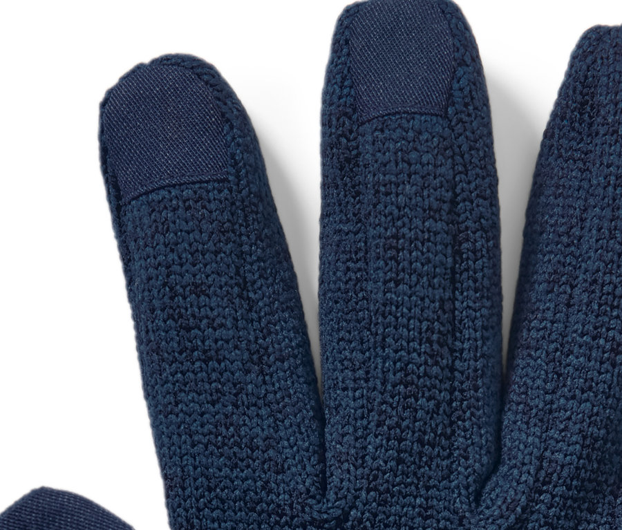 Detailaufnahme eines blauen Strickfleece-Handschuhs.