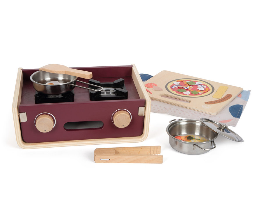 small foot Kinderküche Camping »tasty« Spielzeug mit Topf, Pfanne, Kochlöffel, Schneidebrett und Essen.