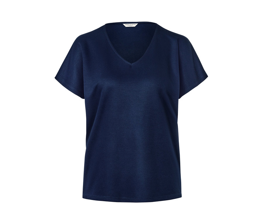 Dunkelblaues, strukturiertes Shirt mit kurzen Ärmeln und V-Ausschnitt.