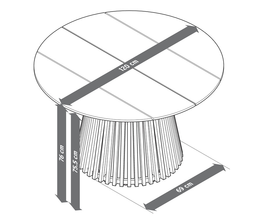 Abmessungen des Teak-Dining-Sets: Die Tischplatte hat einen Durchmesser von 120 cm, die Höhe beträgt 76 cm und die Breite der Basis beträgt 69 cm.
