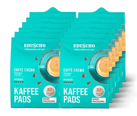 Stapel türkiser Packungen Eduscho Kaffeepads Caffè Crema.
