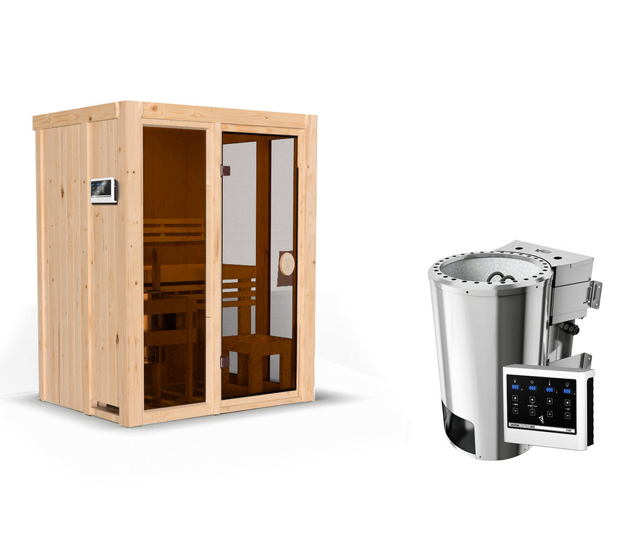 Karibu Sauna »Irina 1« mit Fronteinstieg aus Holz und ein Saunaofen mit Bedienfeld.