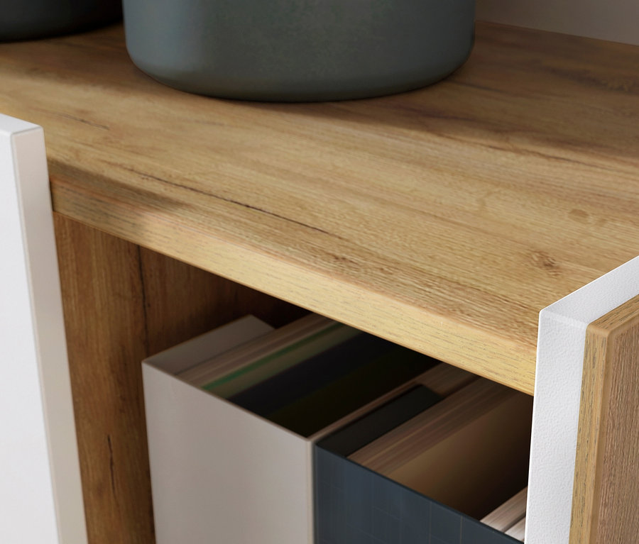 Detailansicht eines Sideboards »Indianapolis« mit Holzstruktur und weißen Kanten.
