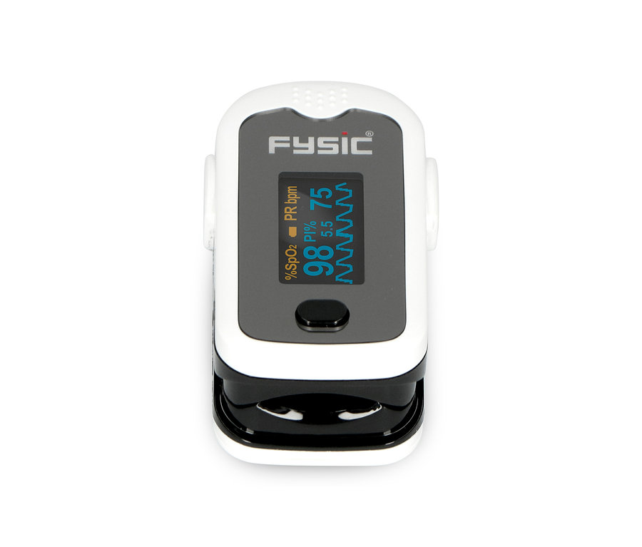 Weißes Fysic Pulsoximeter mit schwarzem Display, das SpO2 98%, PR bpm 75 und PI 5.5% anzeigt.