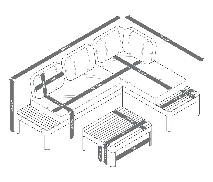 Skizze einer Lounge-Ecke mit höhenverstellbarem Couchtisch und Abmessungen.