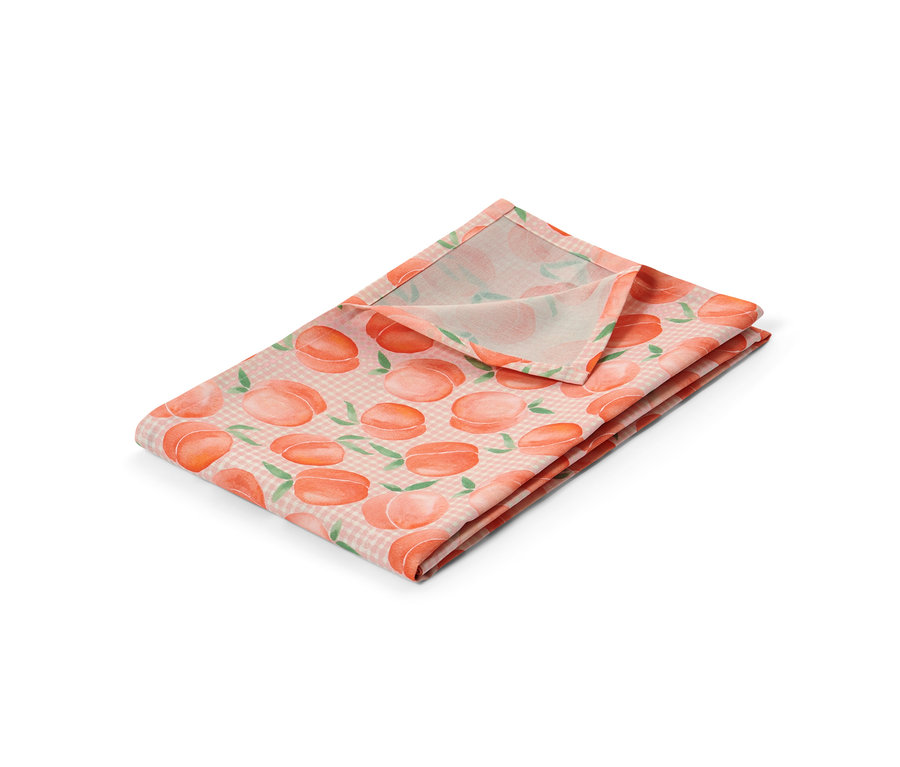 Gefaltete Outdoor-Tischdecke, ca. 140 x 180 cm, mit Pfirsich- und Karomuster.