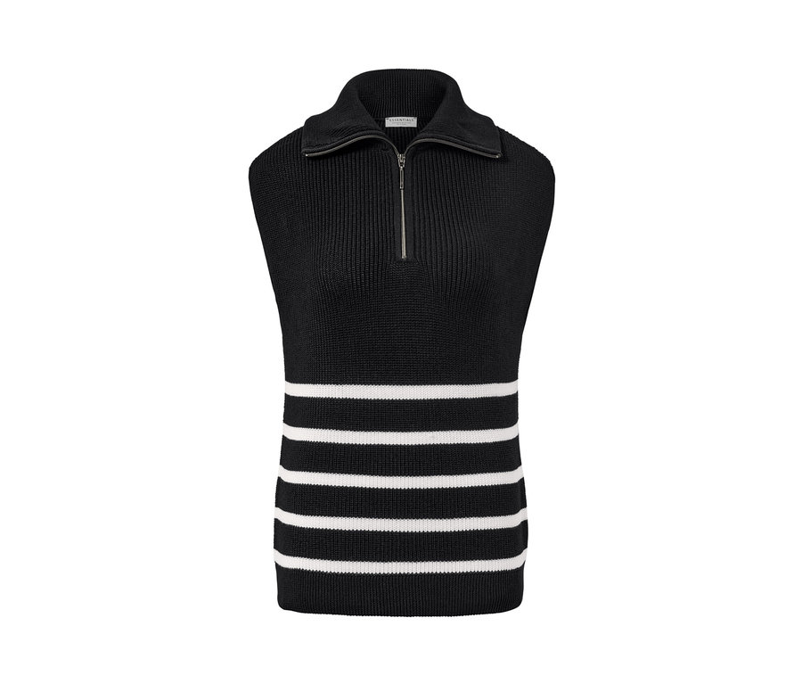 Schwarzer Troyer-Pullunder mit weißen Streifen und Reißverschluss.