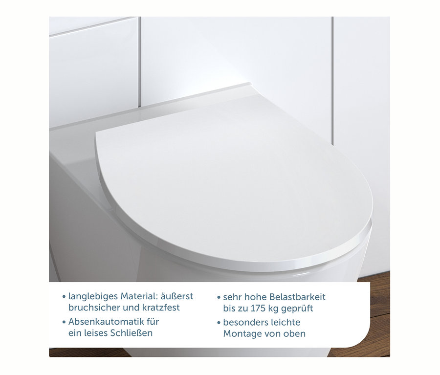 Nahaufnahme einer weißen Toilette mit WC-Sitz Duroplast WC-Sitz mit LED Nachtlicht.