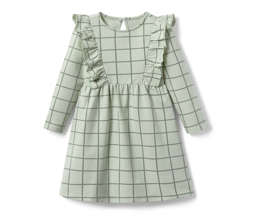 Hellgrünes Kleinkind-Sweatkleid mit langen Ärmeln, Karomuster und Rüschen an den Schultern.