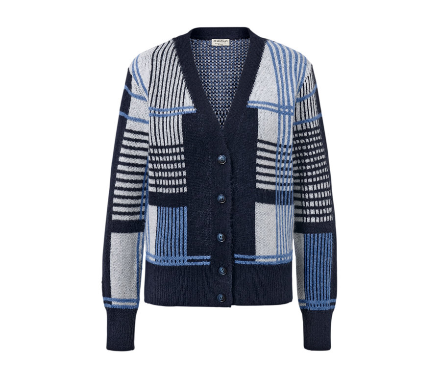 Blauer Grobstrick-Cardigan mit mehrfarbigen Blöcken und Knopfverschluss.