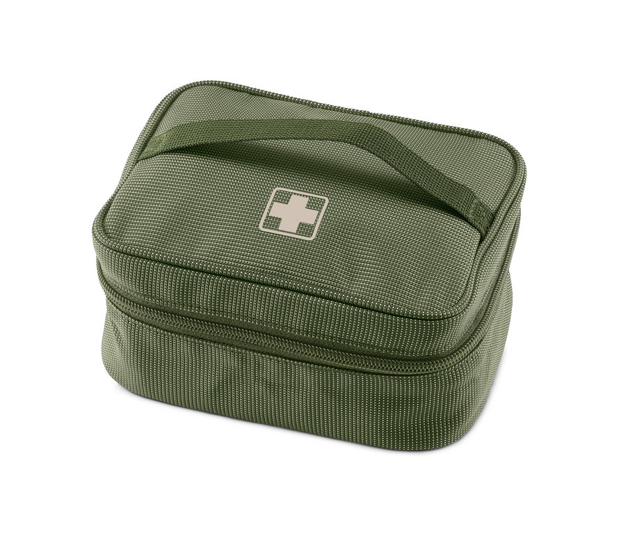 Eine grüne Medikamenten-Tasche mit Reißverschluss und Griff.