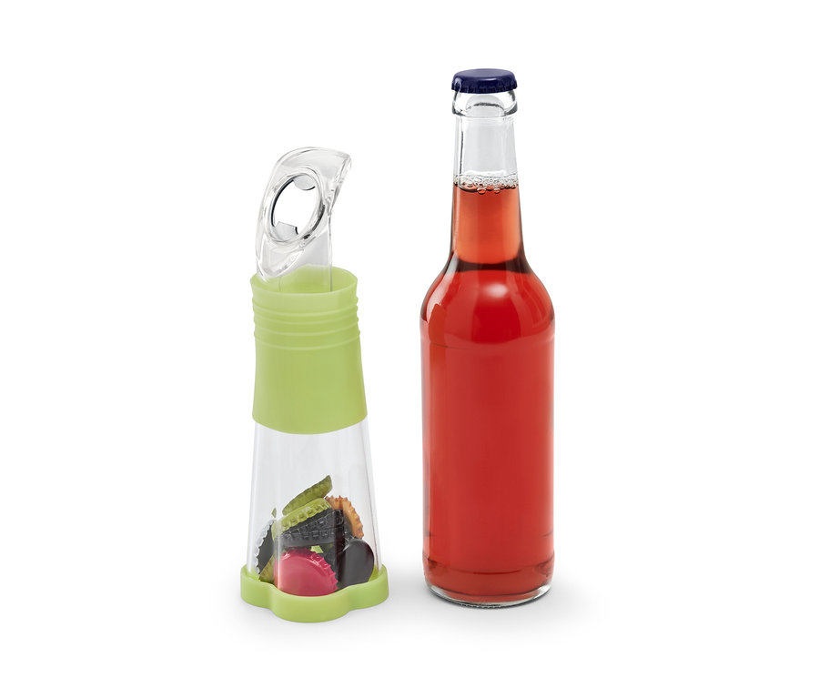 Flaschenöffner mit Auffangbehälter und eine Flasche mit rotem Inhalt.