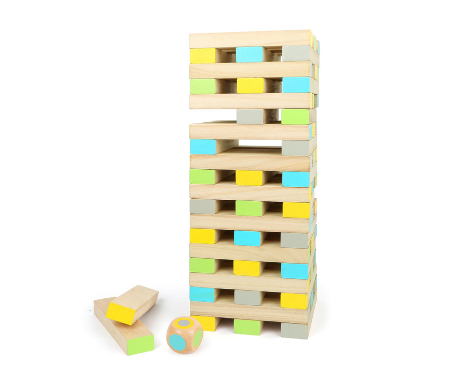 Ein hölzerner small foot Wackelturm XXL »Active« mit farbigen Enden und Würfel.