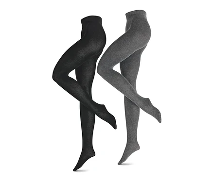 Zwei Paar Strickstrumpfhosen in Schwarz und Grau.