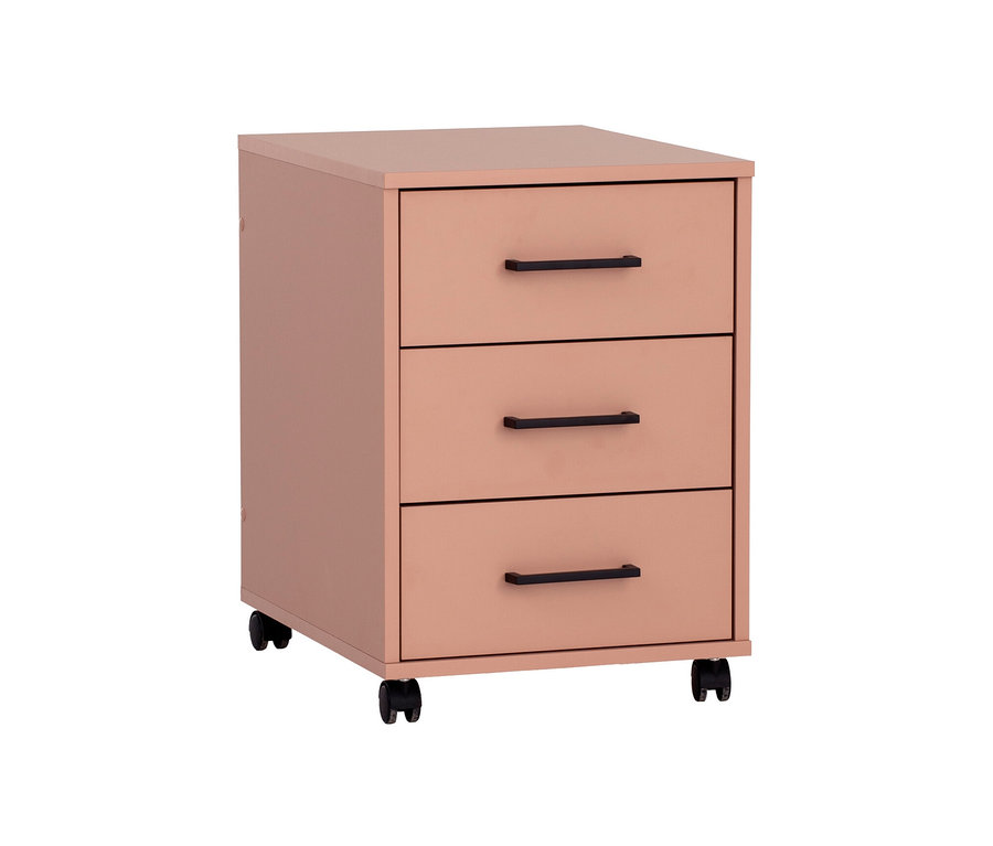 Aprikotfarbener Rollcontainer »Ruby« mit drei Schubladen und schwarzen Griffen.