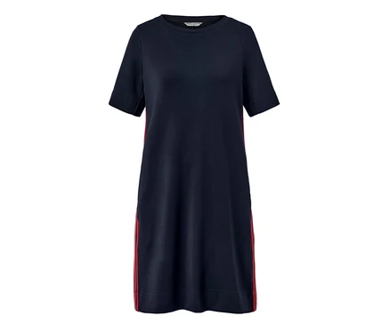 Dunkelblaues Sweatkleid mit roten Galonstreifen an den Seiten.