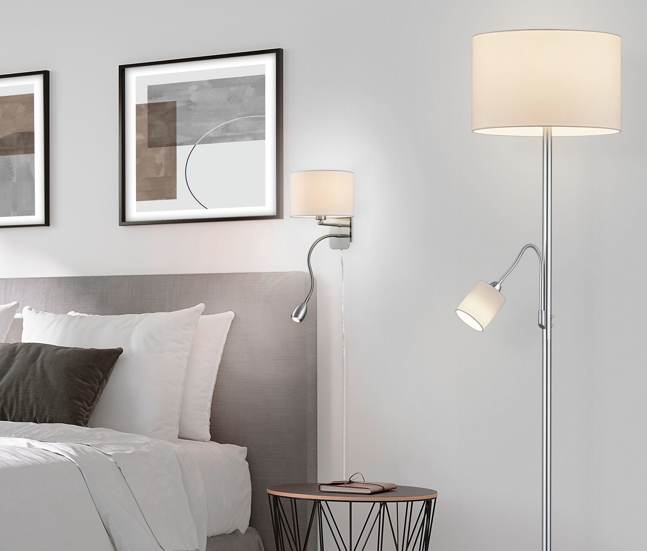 Schlafzimmer mit Bett, Nachttisch und Trio Wandleuchte »HOTEL«.