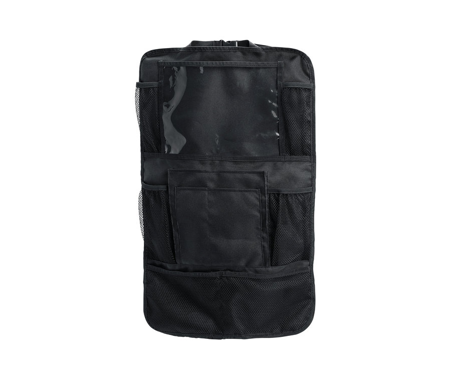 Schwarzer Rücksitz-Organizer mit verschieden grossen Taschen.