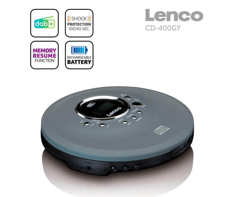 Grauer Lenco Tragbarer CD-/MP3-Player mit DAB+/FM-Radio, »400GY« auf weißem Hintergrund.