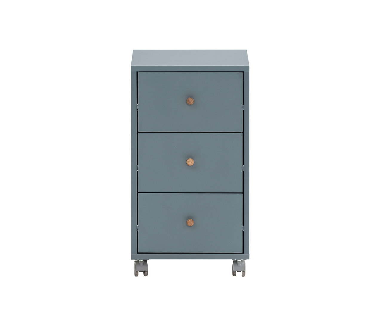 Blauer Rollcontainer Bjarne mit drei Schubladen und Holzgriffen.