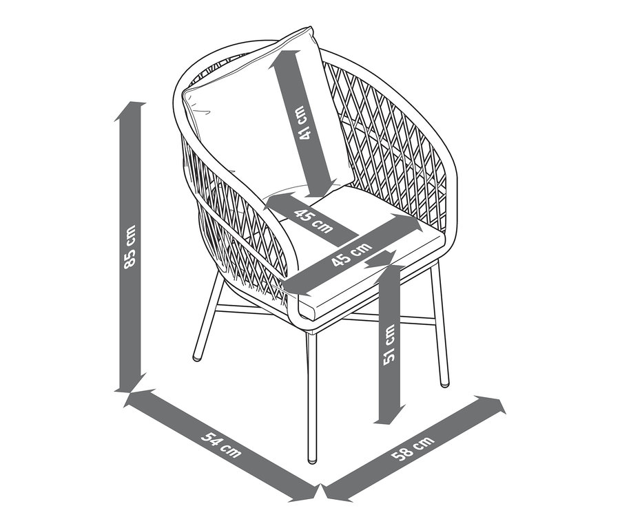 Abmessungen des Dining-Stuhls mit Polyrattangeflecht.