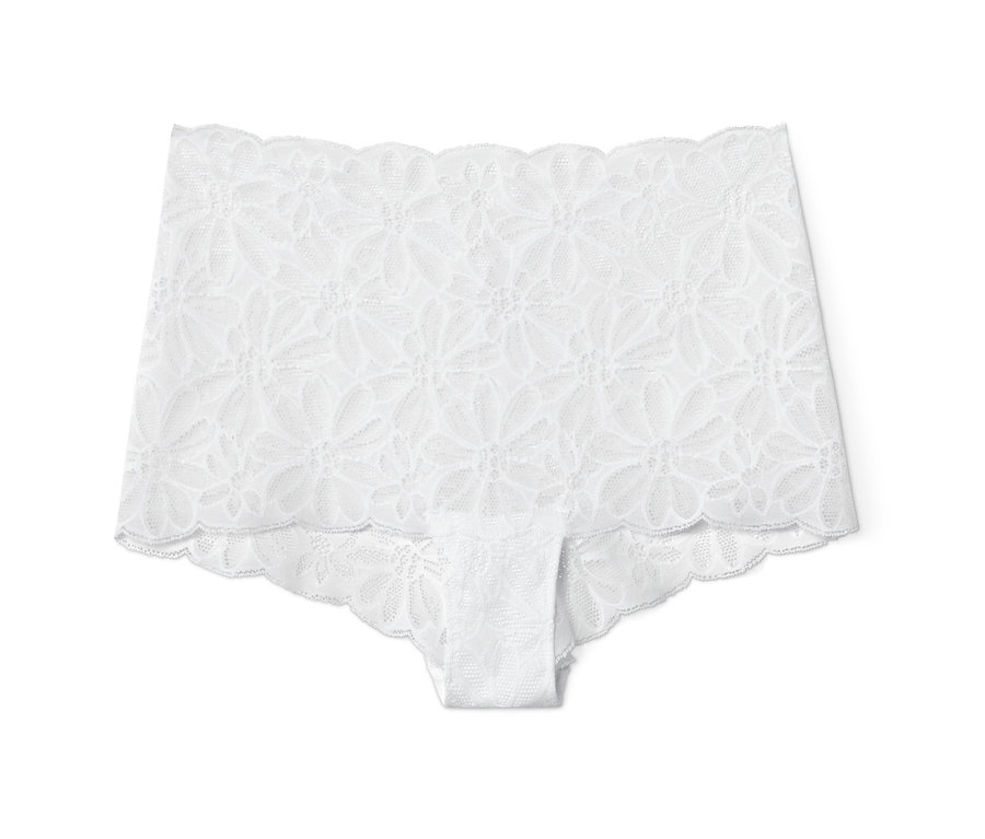 Weisse Spitzen-Panty auf weissem Hintergrund.