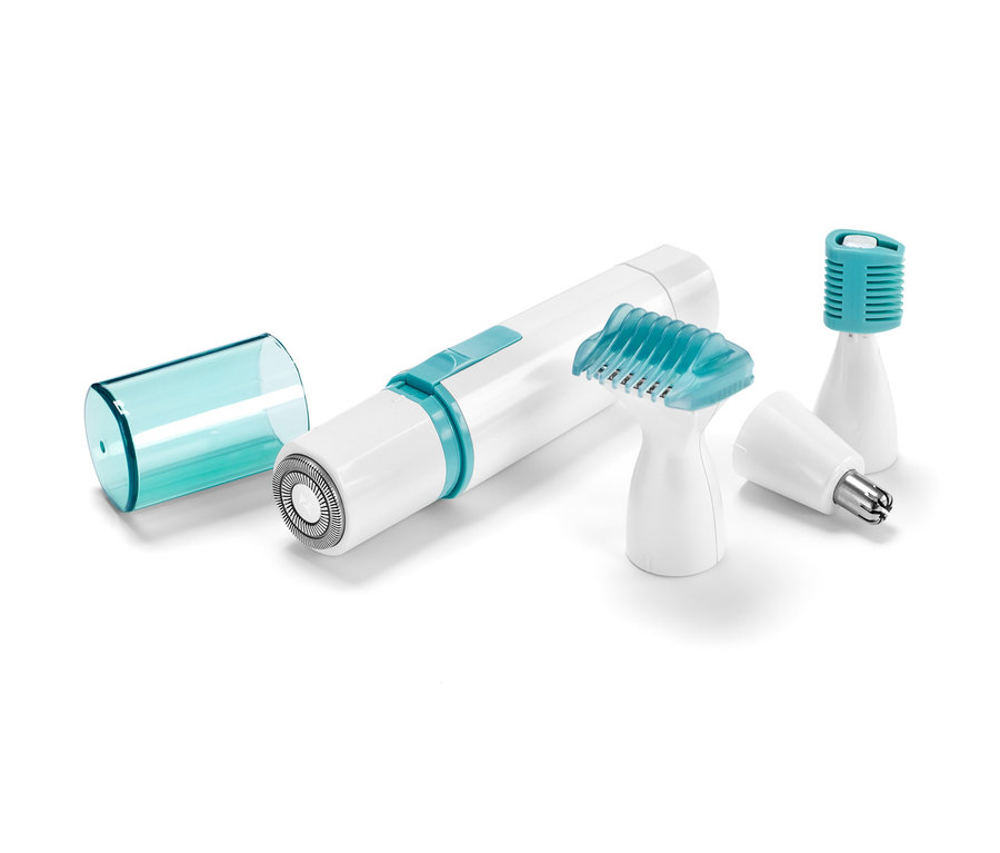 Elektrischer Trimmer für Körper und Gesicht mit verschiedenen Aufsätzen.