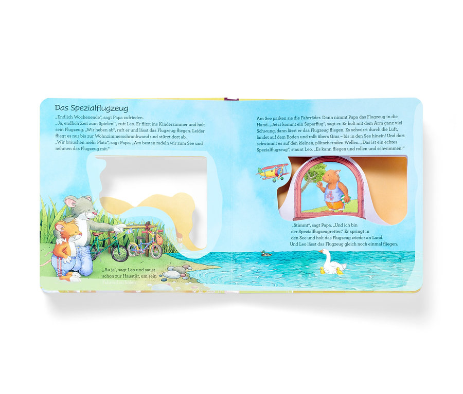 Geöffnetes Buch mit Illustrationen von Leo Lausemaus und seinem Papa am See.