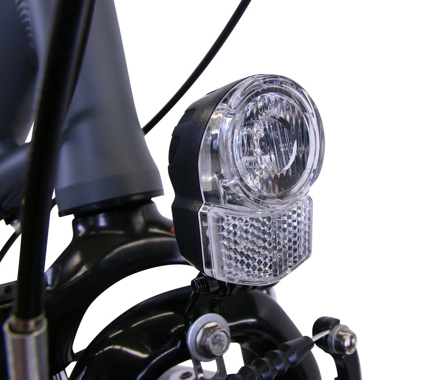 Nahaufnahme des Frontlichts und Schutzblechs eines grauen HAWK Bikes Fahrrads »City Wave Deluxe Plus«.