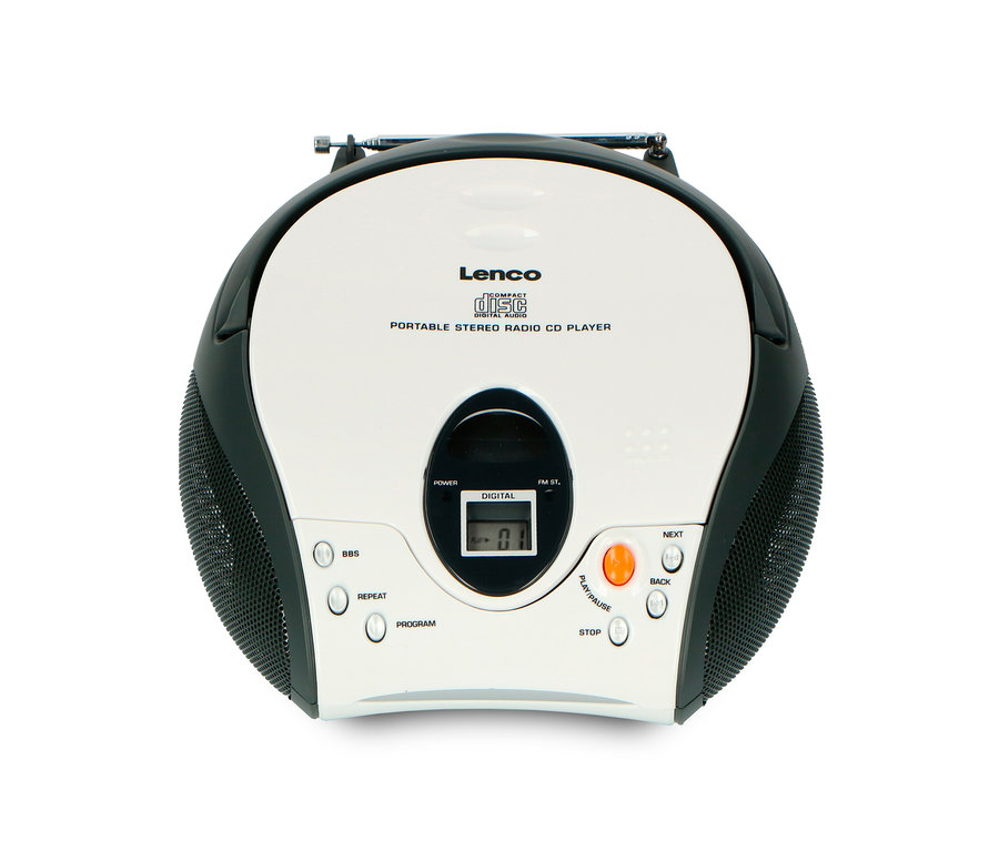 Weißer Lenco »SCD-24 Boombox« CD-Player mit Radio und Kopfhöreranschluss.
