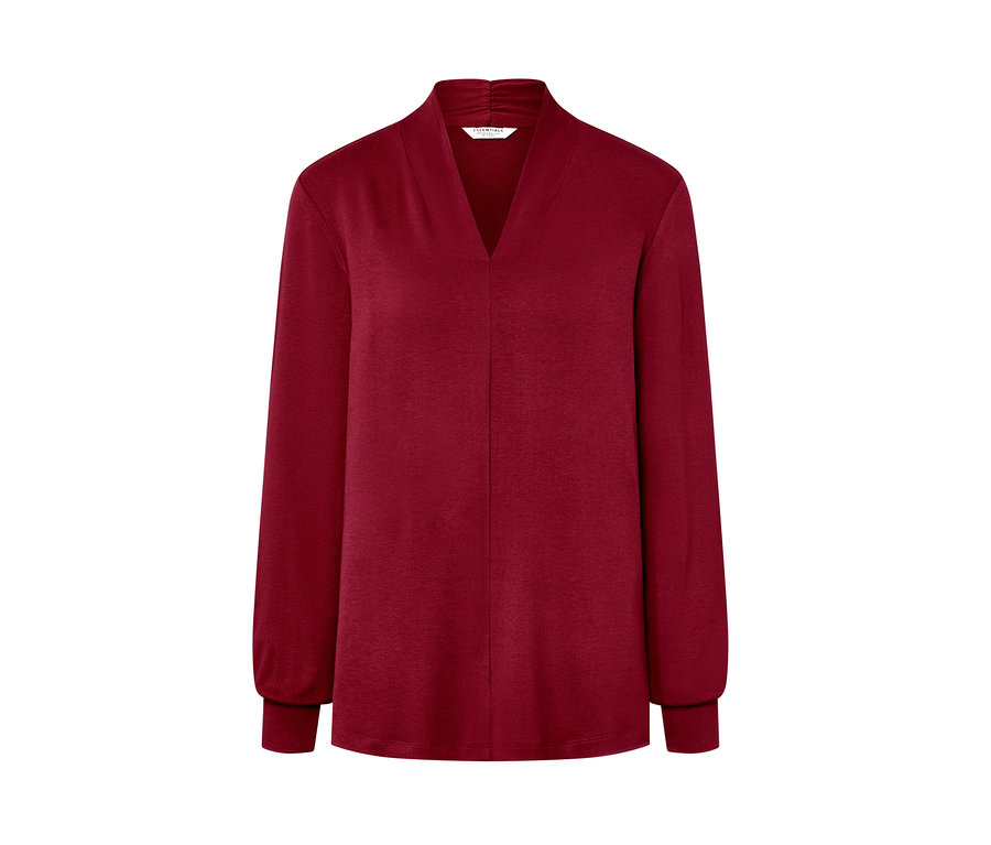 Bordeauxrotes Langarmshirt mit V-Ausschnitt.