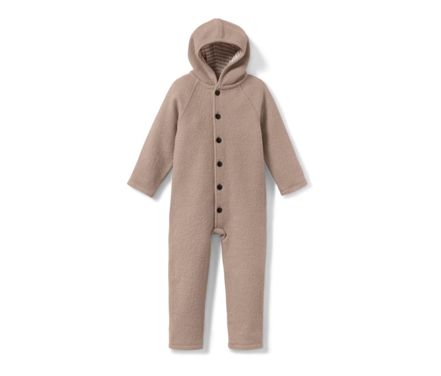 Brauner Baby-Walkoverall mit Merinowolle.