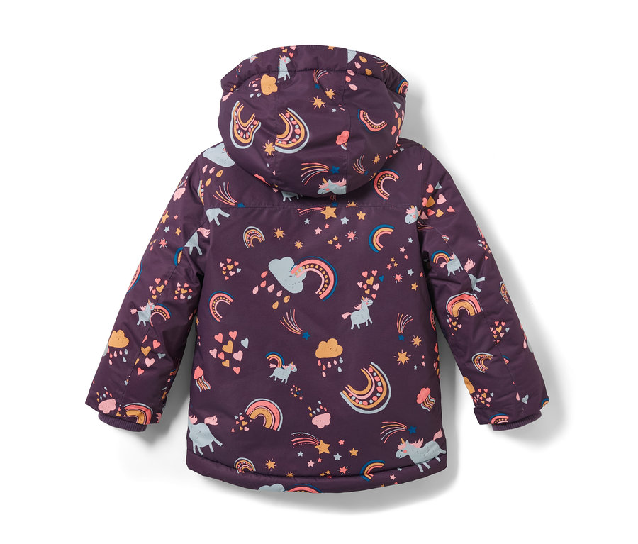 Detailansicht eines Kinder-Schnee-Kombis mit Einhorn-, Wolken- und Regenbogenmuster.