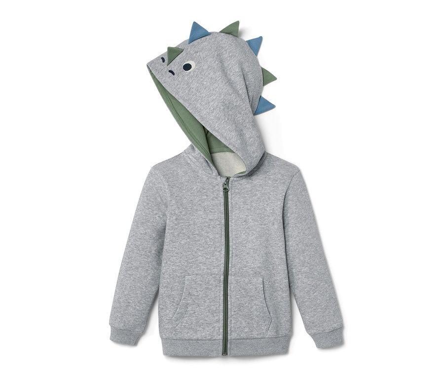 Graue Kinder-Sweatjacke mit Dino-Applikation auf der Kapuze.