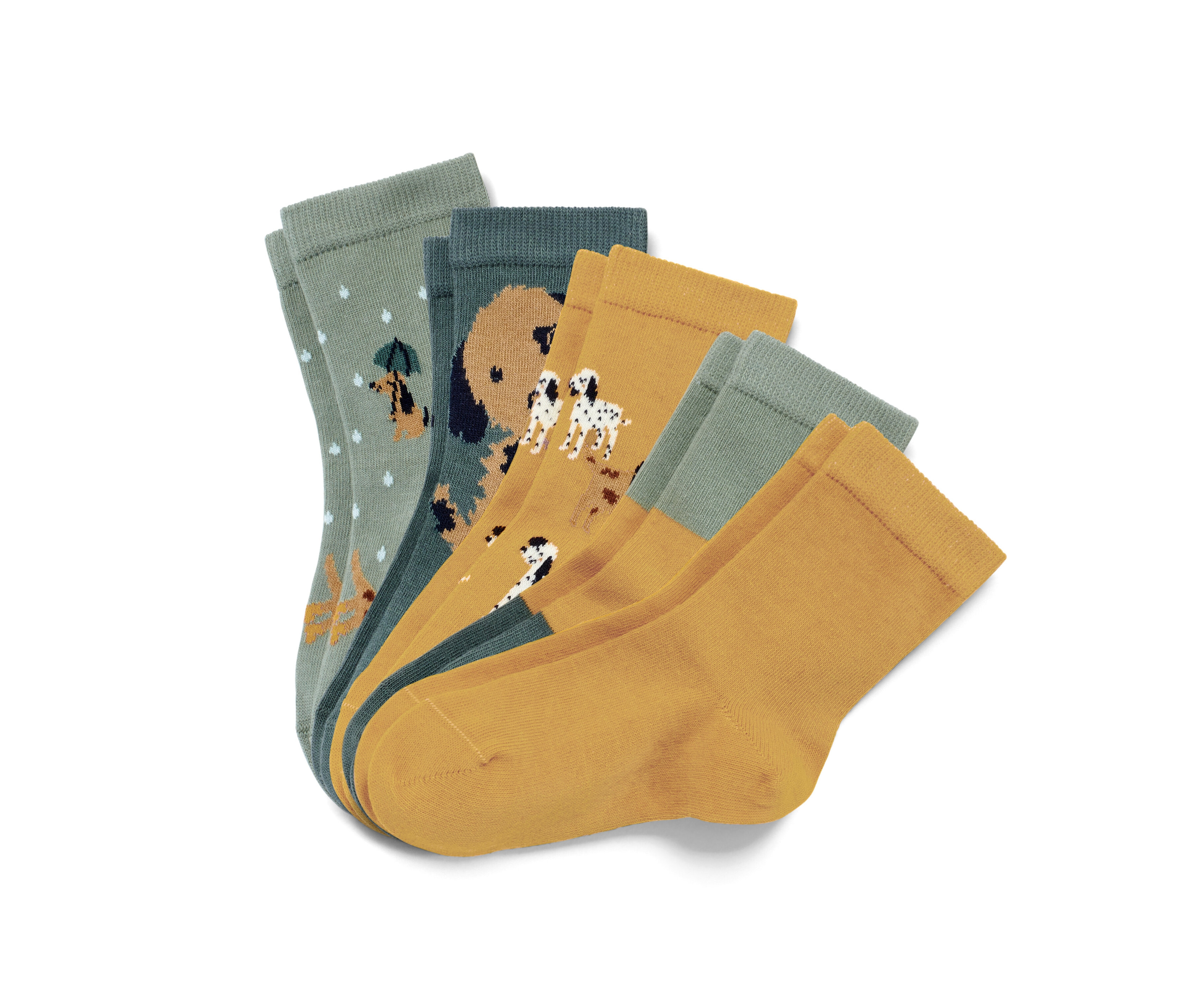 Nahaufnahme von fünf Paar Kinder-Socken, grün/gelb.