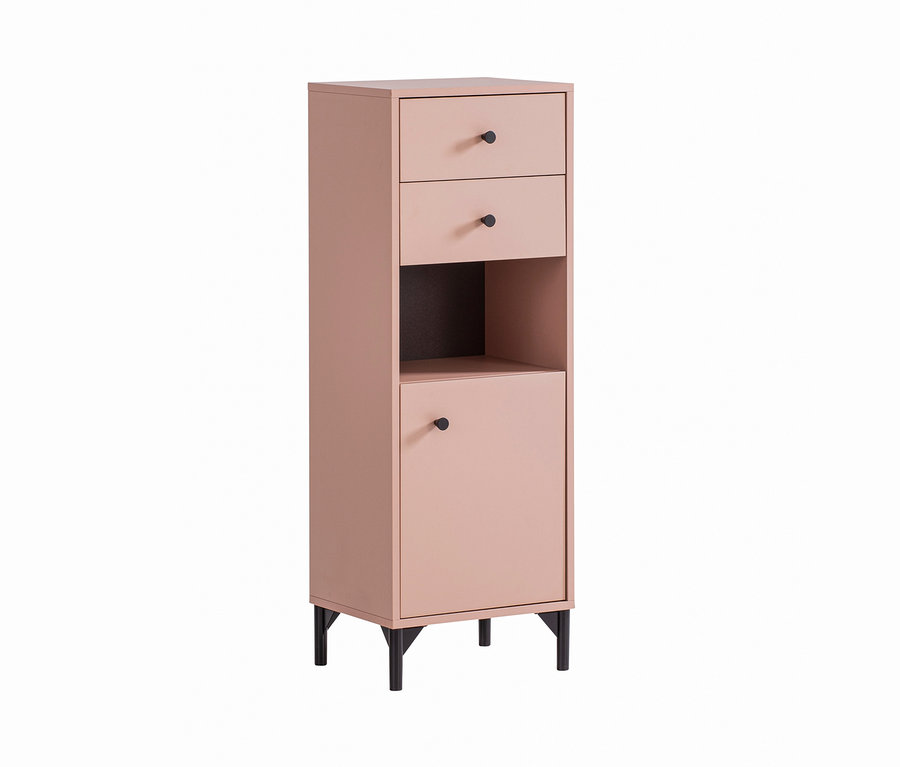 Ein hellrosa Highboard »Smash« mit zwei Schubladen über einem offenen Regal und einem Schrank unten.