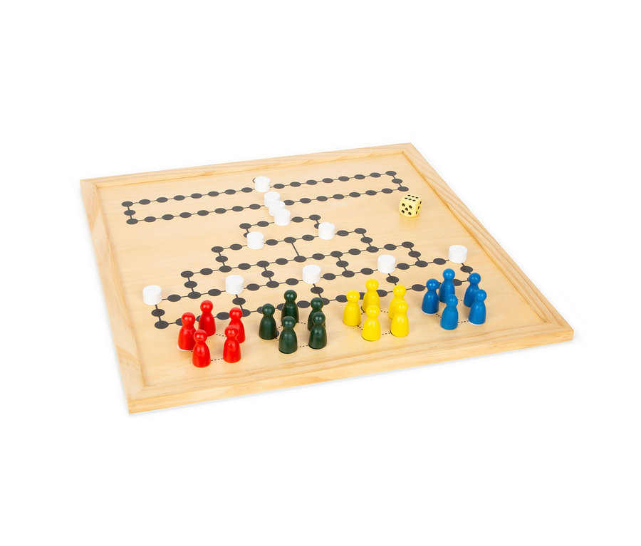Brettspiel aus Holz mit bunten Spielfiguren und Würfel. small foot Spielesammlung, 20 Klassiker
