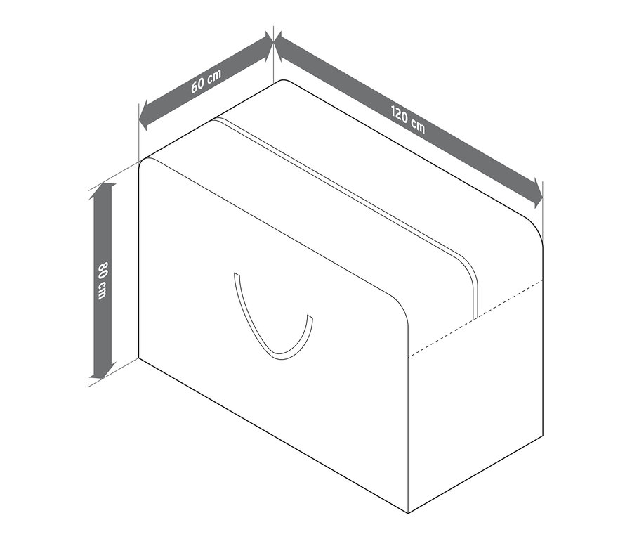 Abbildung einer Premium-XXL-Aufbewahrungstasche für Outdoor-Kissen mit Maßangaben.