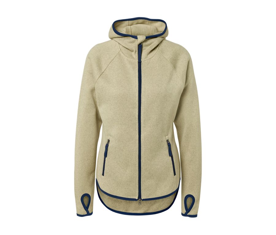 Gelbe Strickfleece-Jacke mit Kapuze und blauen Reißverschlüssen.