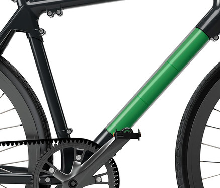 Detailaufnahme des Rahmens eines SHARP Hybrid E-Bikes mit grünem Rohr.
