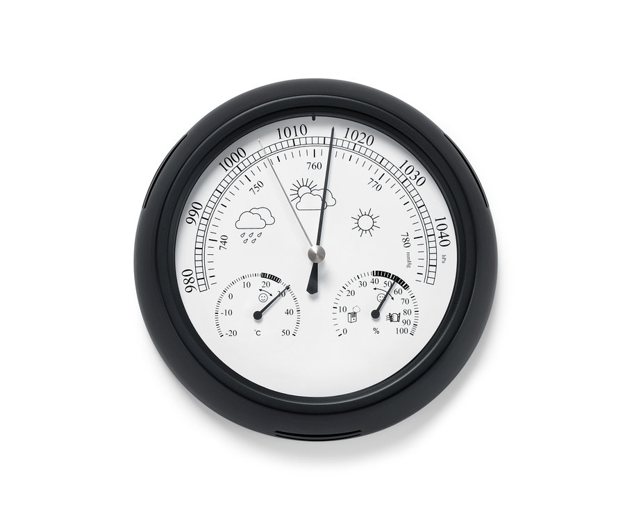 Eine schwarze analoge Wetterstation mit Anzeigen für Temperatur, Feuchtigkeit und Druck.