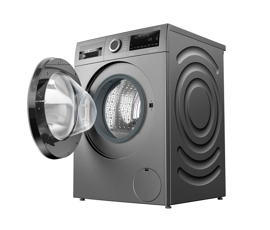 Eine silberne Bosch Waschmaschine WGG2440R10 mit offener Tür.
